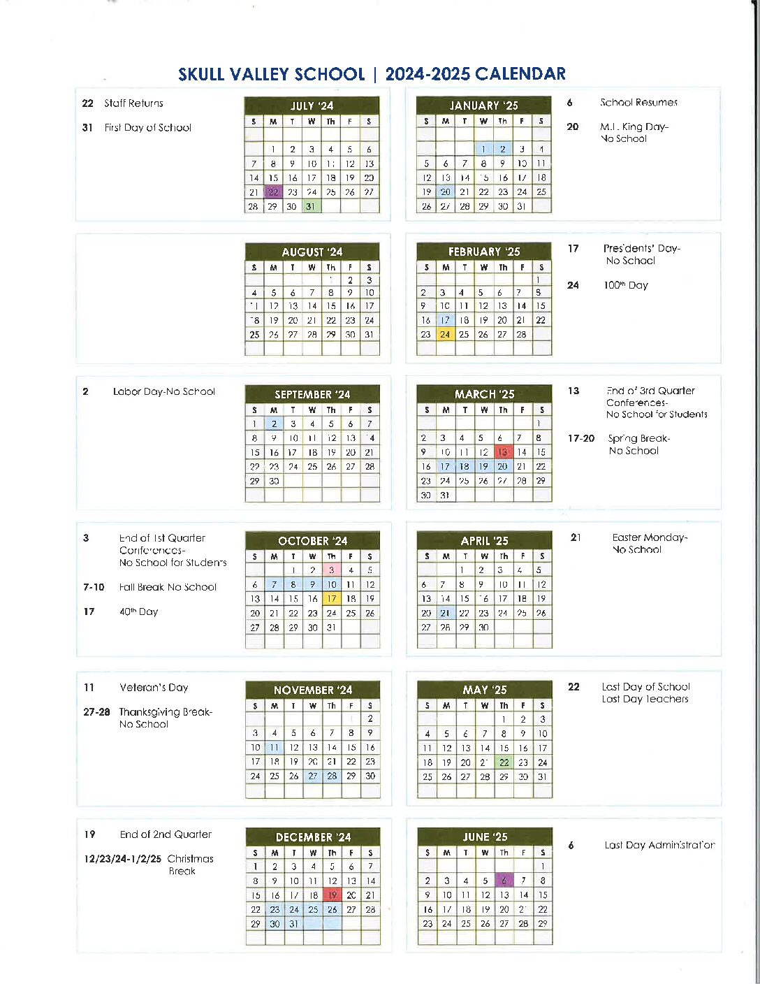 Skull Valley School District Calendar